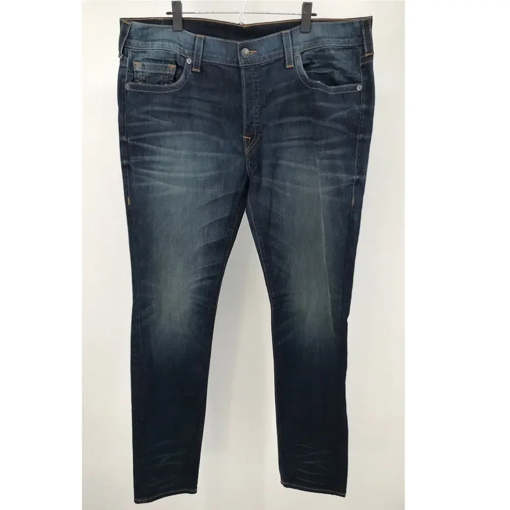 True Religion Mens Rocco Dark Wash Relaxed Skinny Button Fly Jeans 42